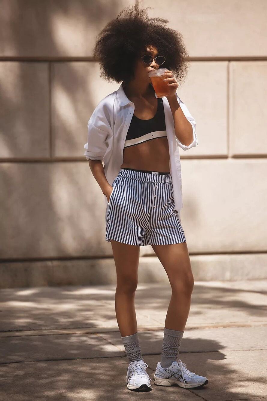 NWT Anthropologie Wren Boxer Shorts Navy And White Striped Sz Medium 100% Cotton